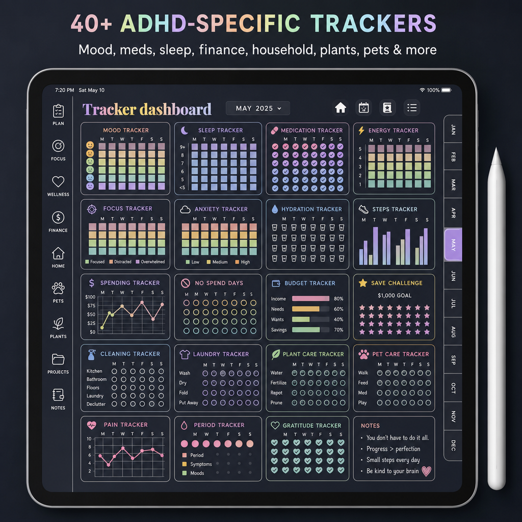 40+ ADHD-specific trackers (mood, meds, sleep, finance, household, plants, pets)
