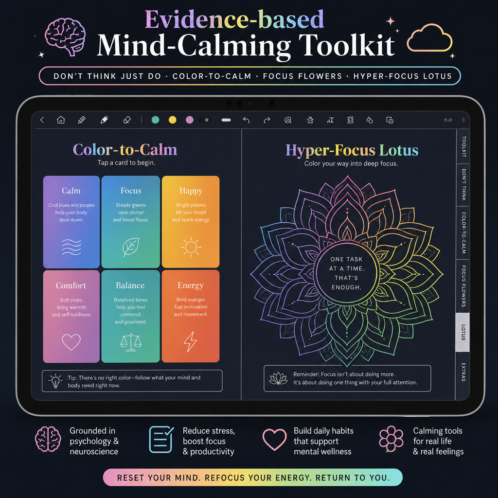 Evidence-based Mind-Calming Toolkit (Don't Think Just Do, Color-to-Calm, Focus Flowers, Hyper-Focus Lotus)