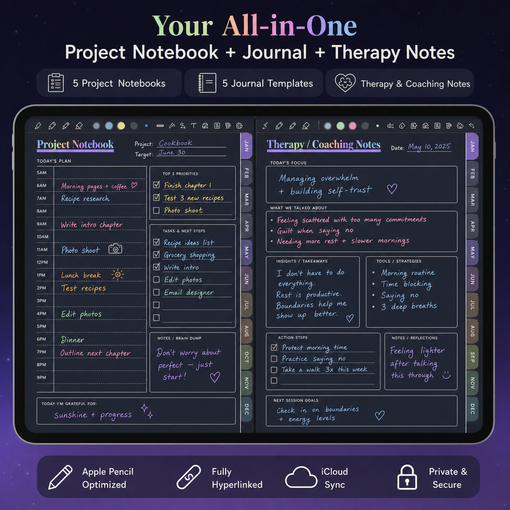 5 Project Notebooks + 5 Journal Templates + Therapy/Coaching notes section