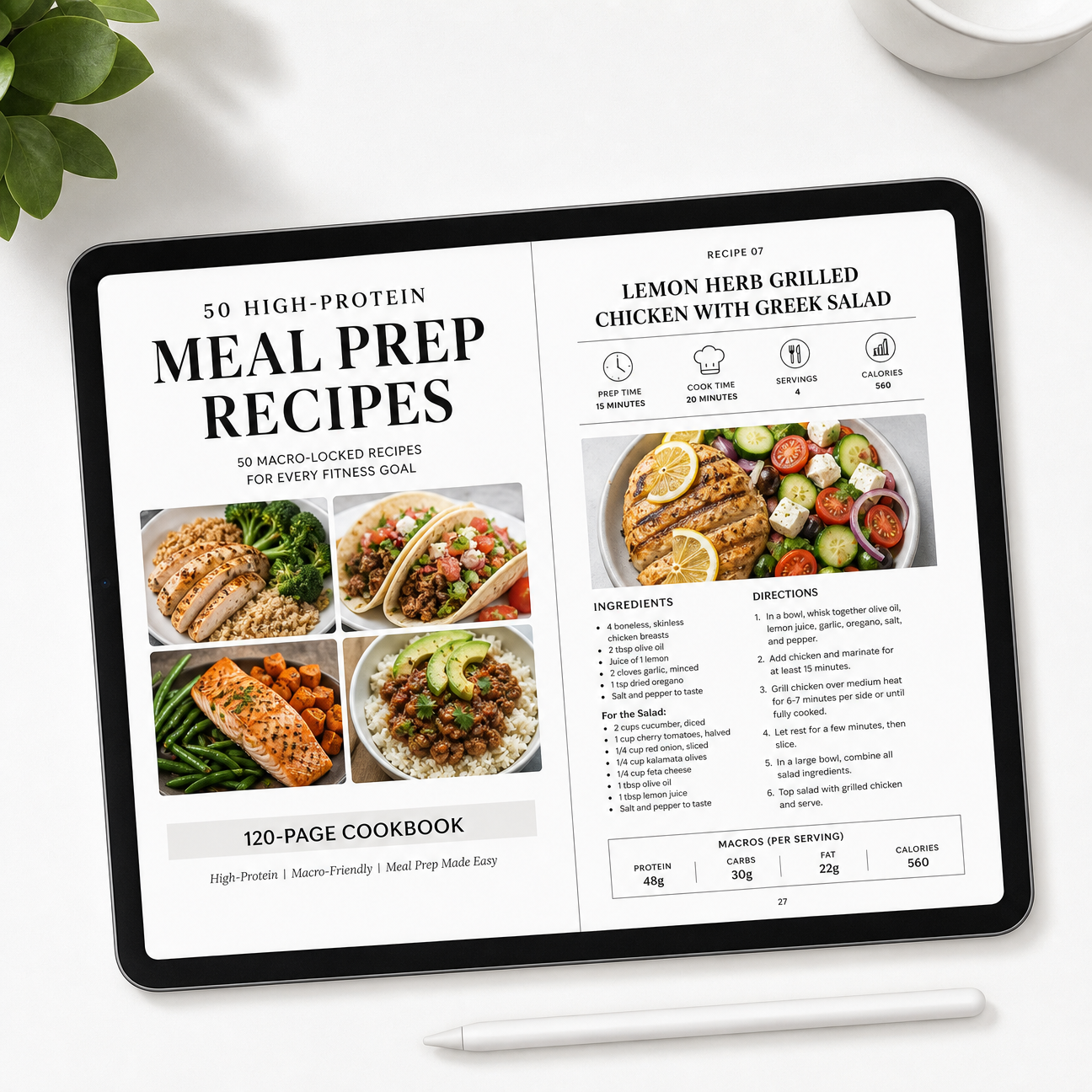 120-page High-Protein PDF cookbook (50 recipes)