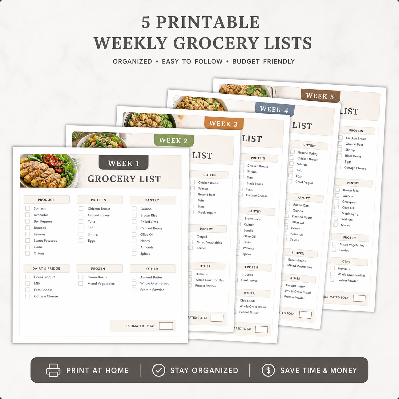 5 printable weekly grocery lists